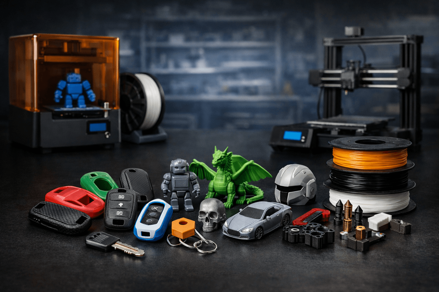 Workbench-style scene with 3D-printed objects and tools